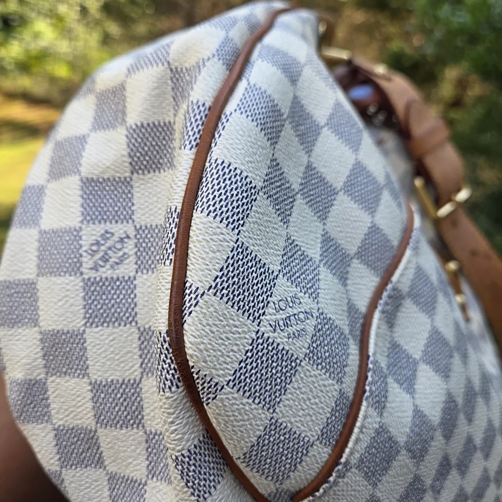 Louis Vuitton Damier Azur Canvas Shoulder Bag with Brown Leather Trim